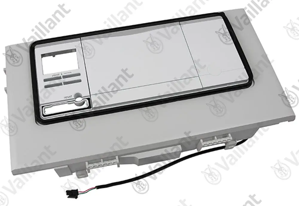 Vaillant Schaltkasten mit Tastenfeld und Reset-Funktion, Anschlusskabel sichtbar, in neutralem Design, geeignet für verschiedene Heizsysteme.